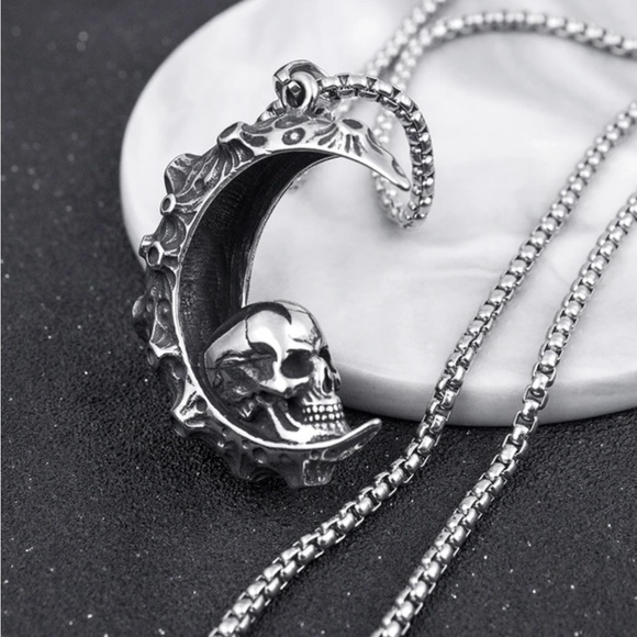 “Skull on the Moon” Regolith Lunar Crater Crescent Celestial Goth Steel Necklace - Picture 3 of 16